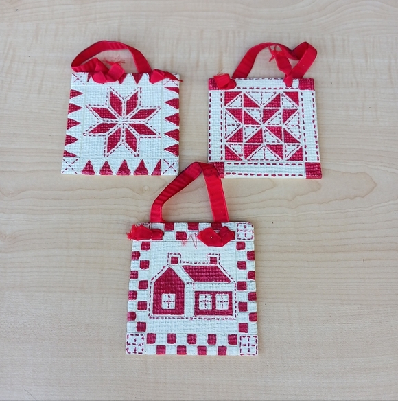Other - Vintage Handmade Acrylic Red/ White Quilt Square Ornaments Holiday Christmas I